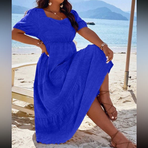 Boho plus size comfy square neck puff sleeve ruffle hem maxi dress - Picture 4 of 16